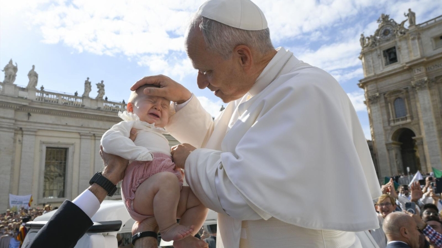 Pope Leo XIV blesses a baby from the popemobile before an audience in St. Peter's Square at the Vatican Oct. 31, 2025, for the Jubilee of the World of Education. On the eve of the 2026 March for Life in Washington Jan. 22, Pope Leo issued a message to participants, expressing his deep gratitude for their "eloquent public witness" and imparting his apostolic blessing. (CNS photo/Vatican Media)