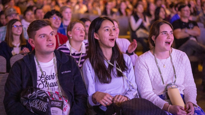Young Catholics react Jan. 1, 2026, at the SEEK26 conference at the Gaylord Texan in Grapevine, Texas. oung Catholics and attendees of all ages were invited to embrace the conference's theme inspired by St. Pier Giorgio Frassati: "To the Heights," This year SEEK the Jan. 1-5 conference was being held in Denver, Columbus, Ohio, in addition to Fort Worth. (OSV News photo/Juan Guajardo, courtesy North Texas Catholic)