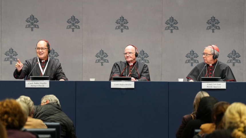 Cardinals Pablo Virgilio Siongco David of Kalookan, Philippines; Stephen Brislin of Johannesburg, South Africa; and Luis José Rueda Aparicio of Bogotá, Colombia, participate in a news conference at the Vatican Jan. 8, 2026. The cardinals reflected on the meaning and outcomes of the extraordinary consistory that had just concluded. (CNS photo/Lola Gomez)