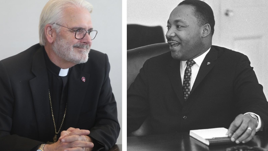 Archbishop Paul S. Coakley of Oklahoma City, president of the U.S. Conference of Catholic Bishops, and the Rev. Martin Luther King Jr., are pictured in a combination photo. Marking Martin Luther King Jr. Day Jan. 19, Archbishop Coakley urged Catholics to reflect on how they are called to be "drum majors for justice" in their own communities, drawing on the Civil Rights leader's words and the Church's Gospel mission in a Jan. 13, 2026, statement released by the USCCB. (OSV News photo/Bob roller/LBJ Library)