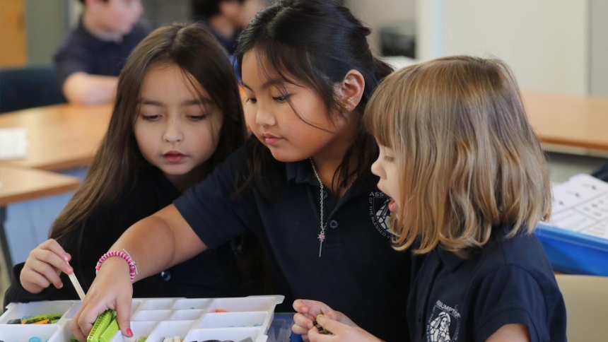 Second-graders Valentina Castro, Camilla Jardeleza and Zoe Shuffer work in a science, technology, engineering and math, or STEM, program at Assumption of the Virgin Mary School in Pasadena, Calif., Jan. 15, 2025. (OSV News photo/Bob Roller)
