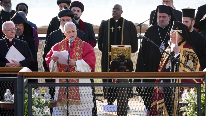 Pope Leo XIV joins Orthodox Ecumenical Patriarch Bartholomew and other Christian leaders for an ecumenical prayer service in Iznik, Turkey, Nov. 28, 2025. The gathering marked the 1,700th anniversary of the Council of Nicaea, convened in 325 A.D., which produced the Nicene Creed and defined foundational Christian doctrine. (CNS photo/Lola Gomez)