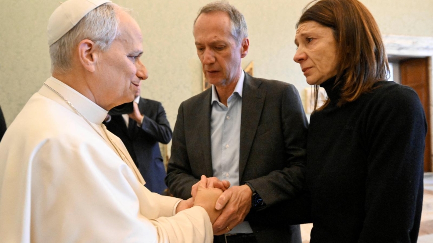 Pope Leo XIV meets relatives of victims of the Crans-Montana bar fire at the Vatican Jan. 15, 2026. The New Year's night fire claimed the lives of 40 people and injured 116 in the Swiss resort tragedy. The pontiff was "deeply moved and shocked" to meet the families. (OSV News photo/Simone Risoluti, Vatican Media)