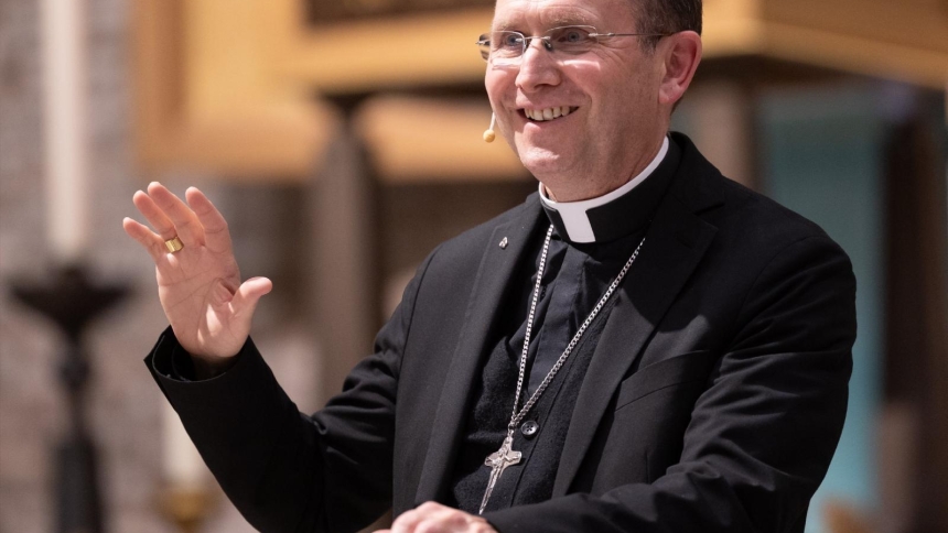 Bishop Andrew H. Cozzens of Crookston, Minn., addresses attendees at an evening retreat titled "A Wounded Church: Finding Peace and Healing" at St. John the Baptist in New Brighton, Minn., Jan. 12, 2026. (OSV News photo/Dave Hrbacek, The Catholic Spirit)
