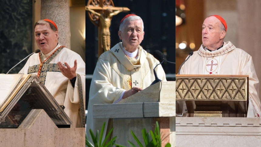Cardinals Joseph W. Tobin of Newark, New Jersey; Blase J. Cupich of Chicago; and Robert W. McElroy of Washington, D.C., are pictured together. The three cardinals issued a joint statement on January 19, 2026, regarding the morality of U.S. foreign policy under the Trump administration, particularly with respect to Greenland, Ukraine, and Venezuela. (OSV News Archives/Simone Orendain, Mihoko Owada/The Catholic Standard, CNS Photo/Kendall McLaren)