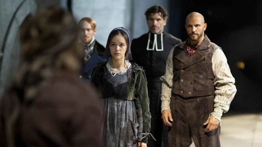 Eyma Scharen, who plays St. Bernadette, and other cast members appear on stage in the musical "Bernadette of Lourdes." Following a successful tour in Europe, the newly developed English version of the French musical about Bernadette Soubirous will open in Chicago Feb. 19, 2026, and run through March 15 at the Athenaeum Center for Thought & Culture before touring nationwide. Preview performances will be held Feb. 12-18.(OSV News photo/Fathom Productions)