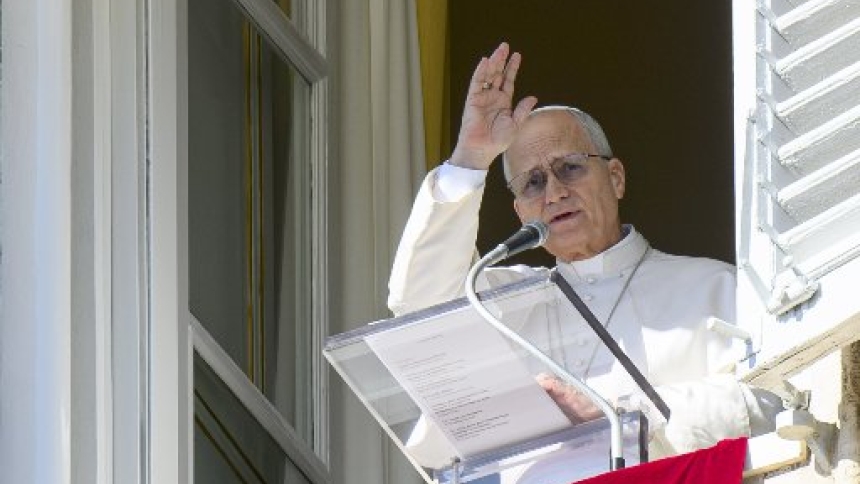 Pope Leo XIV prays the Angelus in St. Peter's Square at the Vatican, Feb. 1, 2026. (CNS photo/Matteo Pernaselci, Vatican Media)