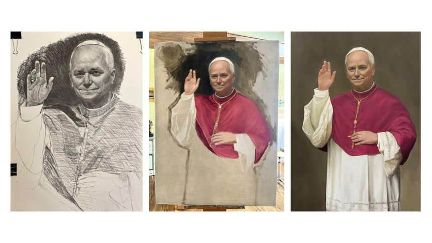 This undated photo series depicts Minnesota artist Sheryl Moran's process painting a portrait of Pope Leo XIV that was installed at the Pontifical North American College in Rome. (OSV News photo/courtesy Sheryl Moran) 