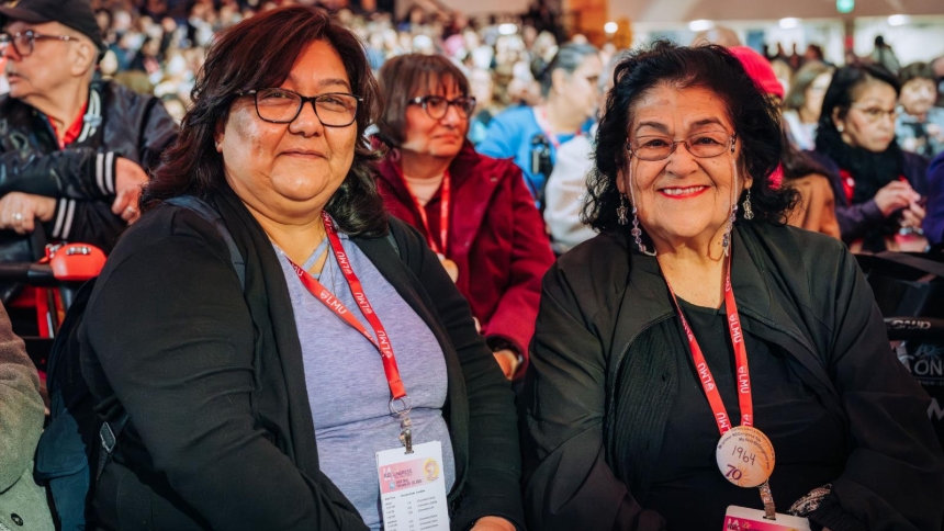 Virginia Medellin, right, a parishioner at Mary Immaculate Church in Pacoima, attends the opening ceremony of the Archdiocese of Los Angeles' Religious Education Congress on Feb. 20, 2026. Medellin said she first started attending RECongress in 1964. (OSV News photo/Isabel Cacho, courtesy Archdiocese of Los Angeles)