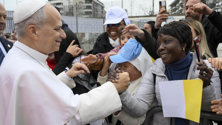 Pope Leo XIV greets women during a pastoral visit to the Church of the Ascension of Our Lord Jesus Christ in the working-class neighborhood of Quarticciolo in Rome March 1, 2026. (CNS photo/Vatican Media)
