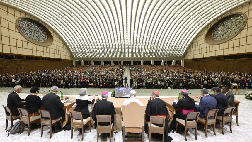 Pope Leo XIV, with regional representatives of synod teams, listens to and answers questions from participants in the Jubilee of Synodal Teams and Participatory Bodies in the Vatican audience hall Oct. 24, 2025. The final reports for two Synod on Synodality study groups, on formation for the priesthood and on navigating the Church's presence in digital spaces, were released on March 3, 2026. (CNS photo/Vatican Media)
