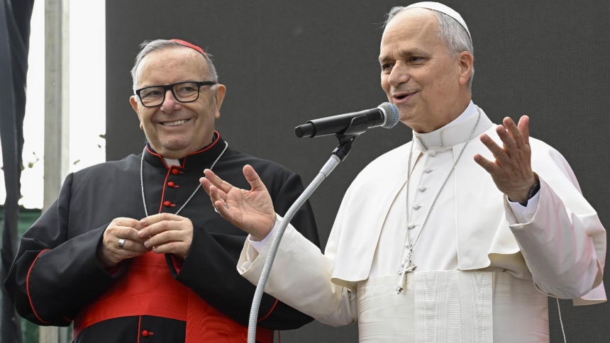 Pope Leo XIV greets familes and children during a parish visit to the Church of St. Mary of the Presentation in Rome, Italy, March 8, 2026. He is joined by Cardinal Francesco Montenegro, retired archbishop of Agrigento and former president of Italian Caritas. (CNS photo/Vatican Media)