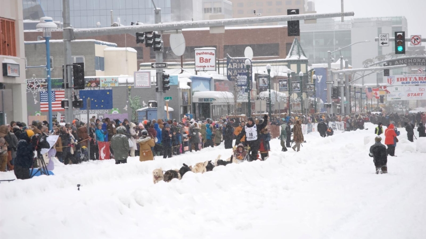 A sled dog team awaits the signal to go at the 54th annual Iditarod Trail start line in downtown Anchorage, Alaska, on March 7, 2026. The crowd of spectators lining the street included a pilgrimage group with the Napa Institute. (OSV News photo/Levi Livengood, Archdiocese of Anchorage-Juneau)
