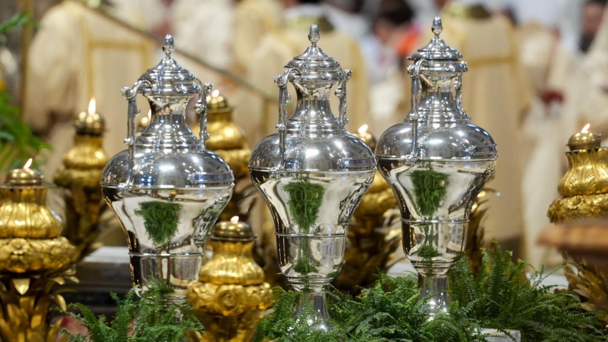 Silver vessels containing sacramental oils are displayed during the chrism Mass in St. Peter’s Basilica at the Vatican April 17, 2025. (CNS photo/Lola Gomez)