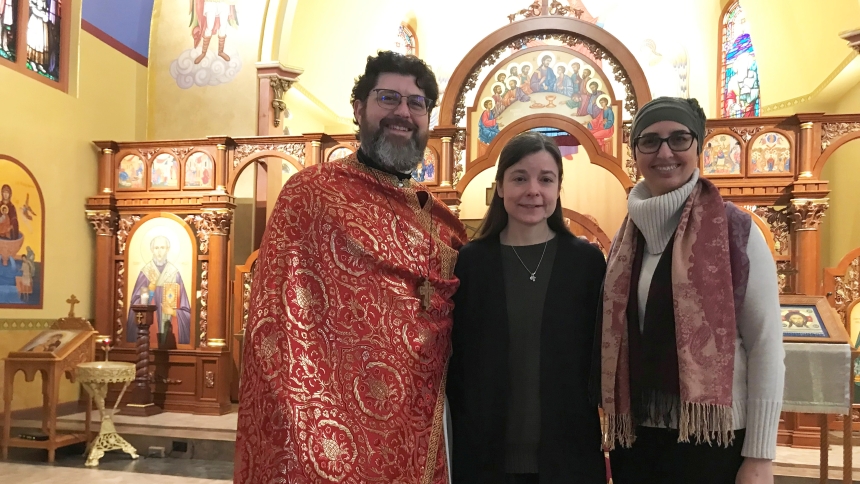 Caption: After her last Sunday Mass at St. Mary Byzantine Catholic Church in Whiting before entering a monastery, Marie Beccaloni took a photo with Father Andrew Summerson and Pani Laura Ieraci. (Provided photo)