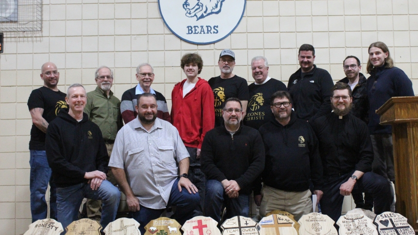 The first Leones Christi tournament class hosted a Graduation Mass and Dinner on Feb. 17 at St. Bridget in Hobart. Receiving certificates for completing all assignments for the new men’s ministry are the graduates, led by founder Jason Solivais (back row center wearing cap). (Marlene A. Zloza photo)