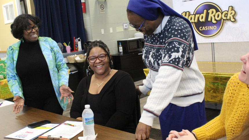 Sharing information about Sojourner Truth House and its annual fundraising Walk for STH on Saturday, June 13 with guest Christian Burks (second from left) from Damar Services, Inc. and She’s Still a Rose are (from left) Director of Client Services Dr. Pam Key, Sister Salem Bisong, PHJC and Executive Director of Diversity, Equity and Inclusion Justine Johnson of the Poor Handmaids of Jesus Christ. The foursome met on March 9 at one of the regularly scheduled Coffee and Conversation sessions hosted by the Gar