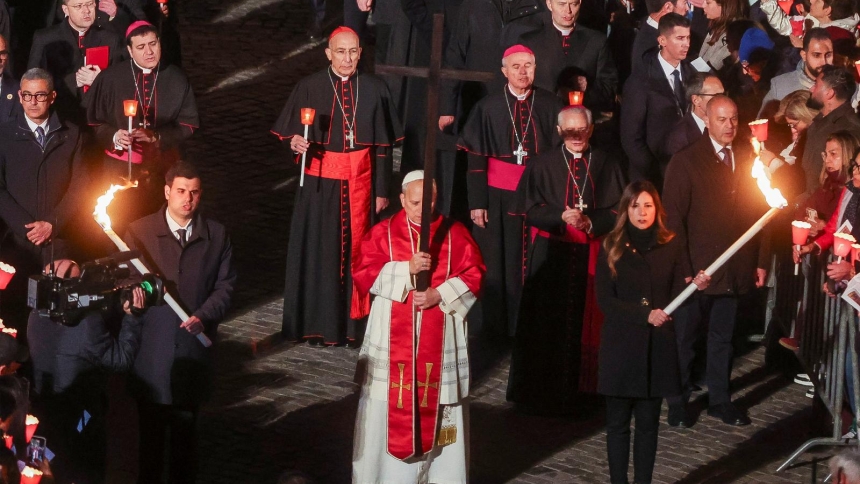 Pope Leo XIV leads the Way of the Cross at the Colosseum in Rome April 3, 2026. (OSV News photo/Vincenzo Livieri, Reuters)