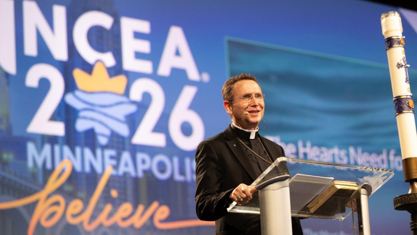 Bishop Andrew H. Cozzens of Crookston, Minn., delivers a keynote talk April 7, 2026, to open the National Catholic Educational Association convention at the Minneapolis Convention Center, taking place April 7-9. Bishop Cozzens told the educators that too many people have wounded hearts and their job is ito help heal them. (OSV News photo/Dave Hrbacek, The Catholic Spirit)