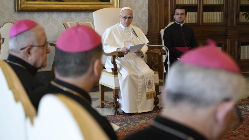 Pope Leo XIV speaks during a meeting with members of the Chaldean Catholic Church during their synod to elect a new patriarch at the Vatican April 10, 2026. (OSV News photo/Vatican Media)