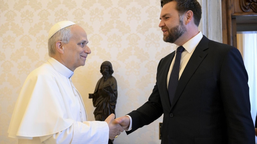 Pope Leo XIV shakes hands with U.S. Vice President JD Vance in the library of the Apostolic Palace at the Vatican May 19, 2025. Shortly after Vance appeared to warn Pope Leo XIV to "be careful" when speaking about theology and taking issue with his description of the U.S. conflict in Iran as unjust, a key U.S. bishop issued a statement clarifying the Church's teaching on just war theory. (CNS photo/Vatican Media)