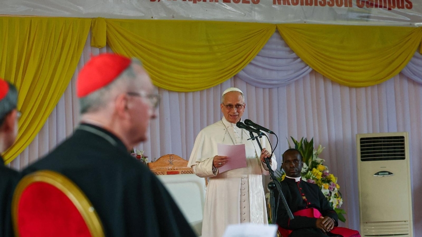 Pope Leo XIV speaks during a meeting with university students and professors at the Catholic University of Central Africa in Yaounde, Cameroon, April 17, 2026. (OSV News photo/Guglielmo Mangiapane, Reuters)