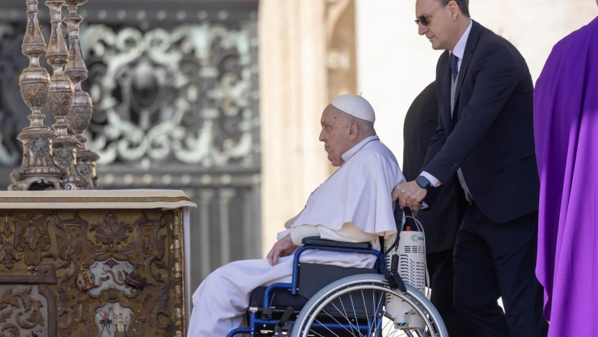 Pope Francis is brought on stage in St. Peter's Square by his nurse, Massimiliano Strappetti, at the end of the closing Mass for the Jubilee of the Sick and Health Care Workers at the Vatican April 6, 2025. As the Catholic Church commemorated the first anniversary of Pope Francis' death April 21, 2026, Strappetti, who attended the pontiff until the end, remembered the man he regarded as "a second father." (CNS photo/Pablo Esparza)