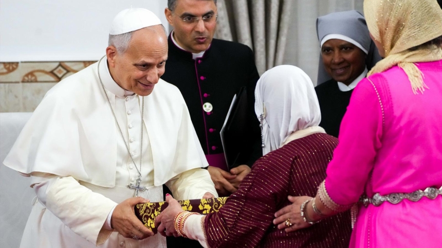 Pope Leo XIV greets residents of a home for the elderly run by of the Little Sisters of the Poor in Annaba, Algeria, April 14, 2026. (CNS photo/Lola Gomez)
