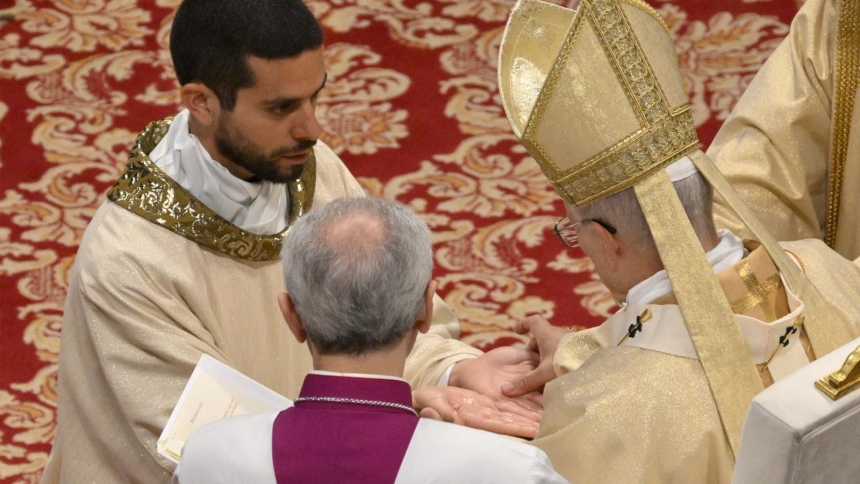 Pope Leo XIV anoints the hands of one of 10 priests as he celebrates their ordination Mass of 10 priests in St. Peter's Basilica at the Vatican April 26, 2026. Priests are called each day to leave the doors of the Church open to a "suffering humanity" in need and not "be an obstacle to those who wish to enter," Pope Leo told the deacons just before ordaining them to the priesthood. (OSV News photo/Franco Origlia, Random House/Elisabetta Trevisan, Vatican Media)