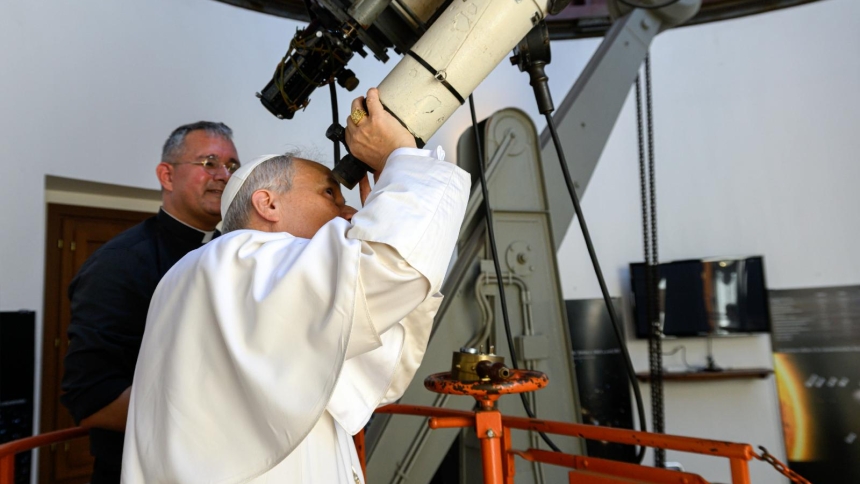 Pope Leo XIV looks through the main telescope of the Vatican Observatory in Castel Gandolfo, Italy, alongside U.S. Jesuit Father David A. Brown, an astronomer, July 20, 2025. The Vatican Observatory announced April 29, 2026, that an asteroid has been named in honor of Pope Leo XIII, who formally re-established the observatory in 1891. (CNS photo/Vatican Media)