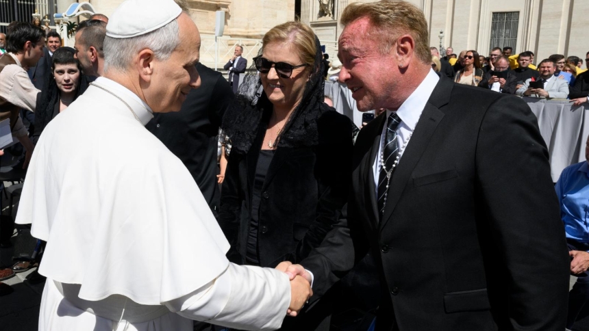 Michael Flatley, star of the internationally acclaimed Irish dance shows "Lord of the Dance" and "Riverdance," greets Pope Leo XIV at the end of the pope's general audience on April 29, 2026, at St. Peter's Square (OSV News photo/Vatican Media)