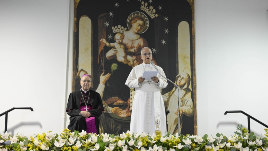 Pope Leo XIV speaks as he visits the Pontifical Shrine of the Blessed Virgin of the Rosary of Pompeii near Naples, Italy, before celebrating Mass in the piazza outside May 8, 2026, on the first anniversary of his election as the first American pontiff. He visited 400 sick and disabled people inside of the shrine. (OSV News photo/Simone Risoluti, Vatican Media)