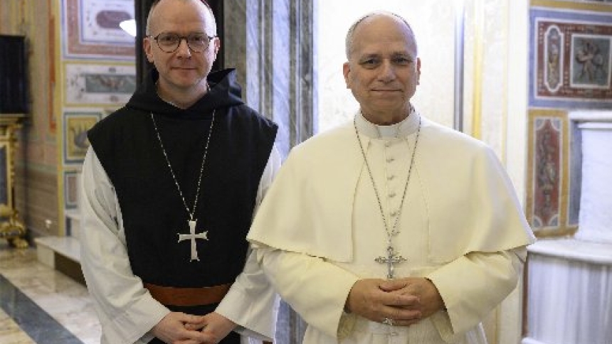 Pope Leo XIV poses with Bishop Erik Varden of Trondheim during the Roman Curia's annual Lenten retreat in the Pauline Chapel at the Vatican Feb. 22, 2026. The Norwegian bishop was chosen by Pope Leo to preach at the Lenten retreat, which ran from Feb. 22 to 27, and reflected on the theme, "Illuminated by a Hidden Glory." (OSV News photo/Simone Risoluti, Vatican Media)