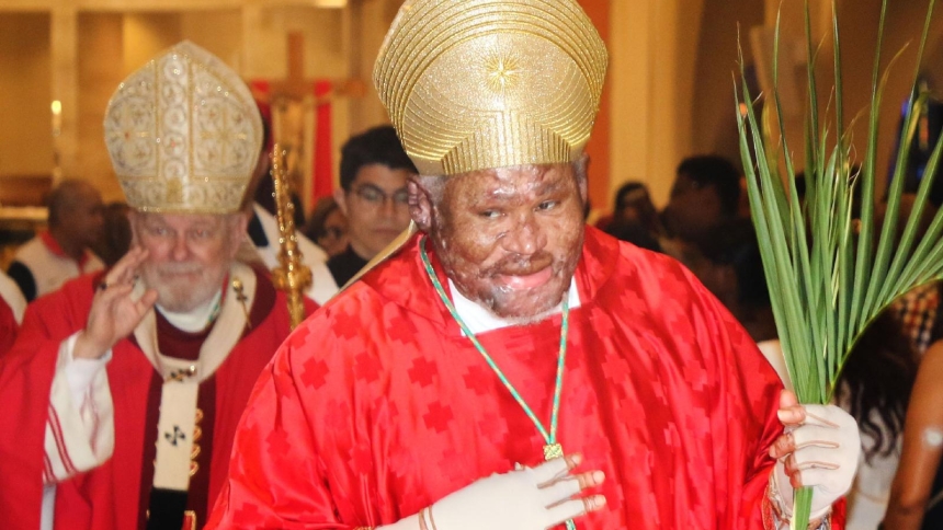 Bishop Pierre-André Dumas of Anse-à-Veau-Miragoâne, Haiti, processes during Palm Sunday Mass at St. Mary Cathedral in Miami March 29, 2026. (OSV News photo/Andoni Biurrarena, Florida Catholic)