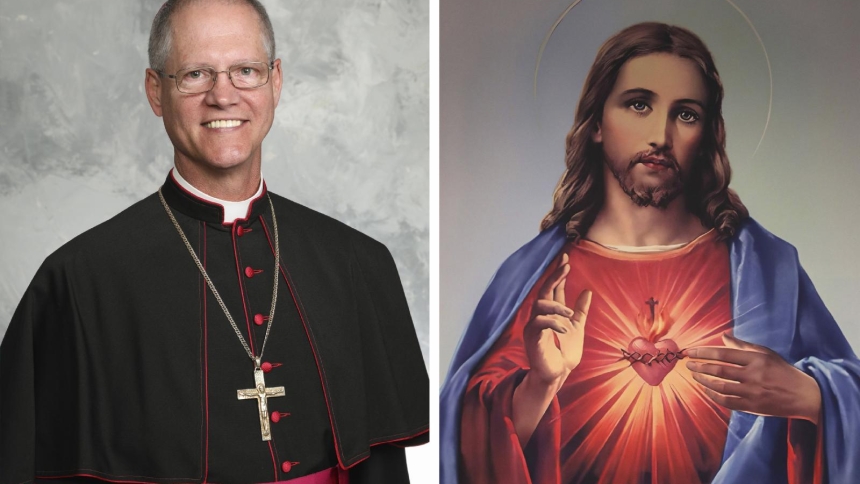 A combination photo shows Archbishop Paul D. Etienne of Seattle in an undated image and a painting of the Sacred Heart of Jesus is seen during Palm Sunday Mass at Sacred Heart Church in Prescott, Ariz., April 13, 2025. On May 15, 2026, Archbishop Etienne issued a pastoral letter on the Sacred Heart of Jesus, titled "Meek and Humble of Heart." (OSV News photo/Archdiocese of Seattle, CNS/Bob Roller)