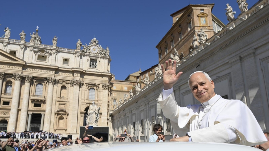 Pope Leo XIV greets visitors and pilgrims from the popemobile while riding around St. Peter’s Square at the Vatican before his weekly general audience May 27, 2026. (CNS photo/Vatican Media)