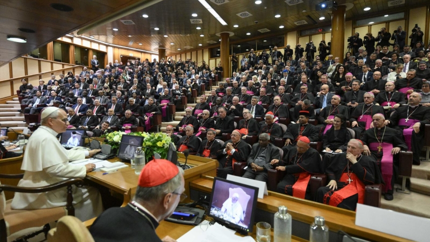 Pope Leo XIV attends the presentation of "Magnifica Humanitas" at the Vatican's Synod Hall May 25, 2026, the first encyclical of his papacy, which focuses on the rise of artificial intelligence. The pope also issues a personal apology in the document for his predecessors role and failures to address the moral issue of slavery. (OSV News photo/Simone Risoluti, Vatican Media)