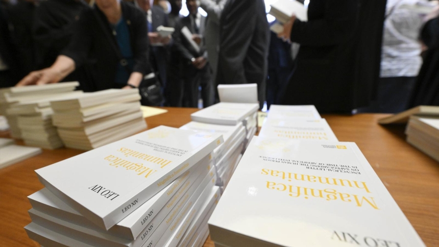 Copies of "Magnifica Humanitas" are seen at the Vatican's Synod Hall May 25, 2026. It is the first encyclical of Pope Leo XIV's papacy and focuses on the rise of artificial intelligence. (OSV News photo/Simone Risoluti, Vatican Media)