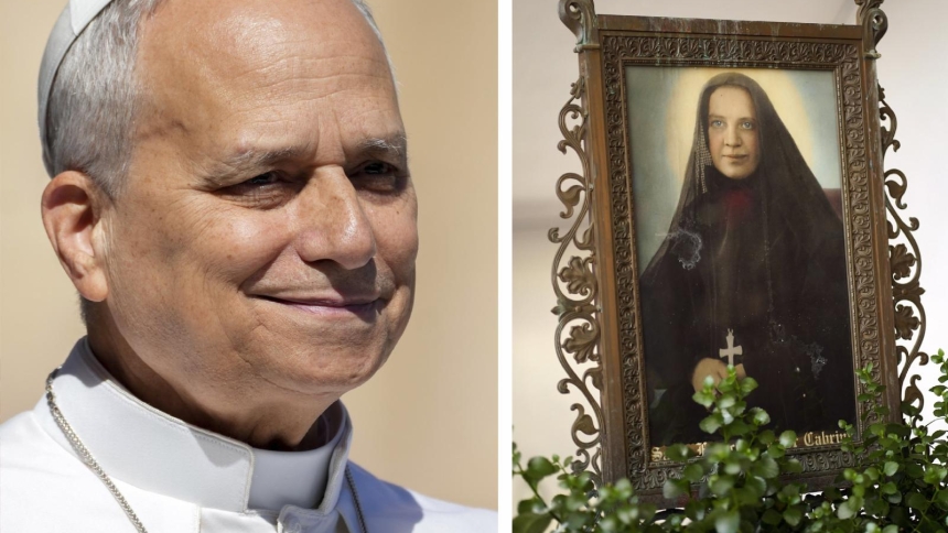A combination photo shows Pope Leo XIV in St. Peter's Square at the Vatican before his weekly general audience May 20, 2026, and a portrait of St. Frances Cabrini on display at St. Frances Cabrini Shrine in the Upper Manhattan section of New York City March 3, 2024. (OSV News photo/CNS, Lola Gomez, Gregory A. Shemitz)