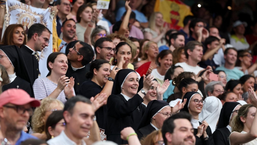 People cheer as Pope Leo XIV attends a meeting with the diocesan community at the Santiago Bernabeu Stadium in Madrid June 8, 2026, during his June 6-12 apostolic journey to Spain. (OSV News photo/Yara Nardi, Reuters)