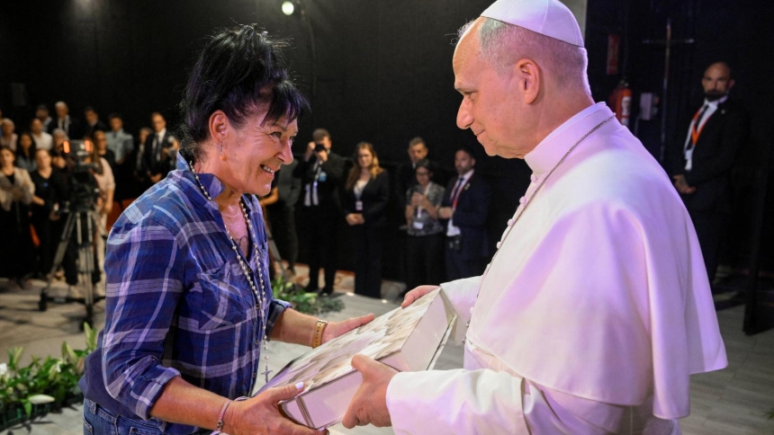 Pope Leo XIV receives a present from an inmate at Barcelona’s Brians 1 prison, during his apostolic journey, in Barcelona, Spain, June 10, 2026. (OSV News/Simone Risoluti, Vatican Media)