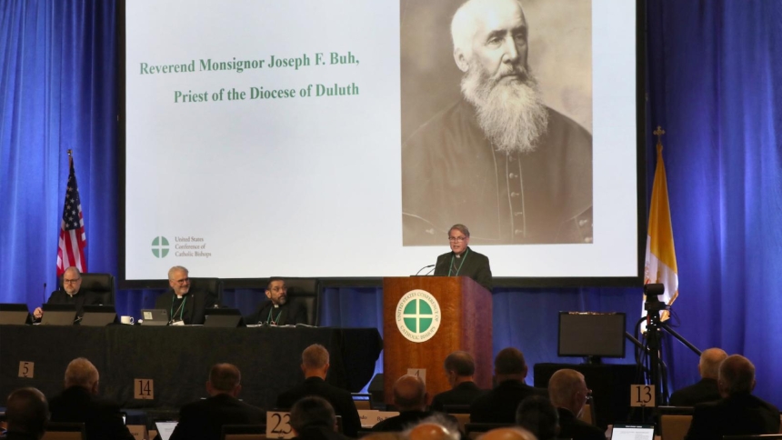 Bishop Daniel J. Felton of Duluth, Minn., speaks about the sainthood cause for Msgr. Joseph Francis Buh during a June 10, 2026, session of the annual spring meeting of the U.S. Conference of Catholic Bishops in Orlando, Fla. Msgr. Buh was a missionary priest who served Northeastern Minnesota and his cause was first opened in 2023. (OSV News photo/Bob Roller)
