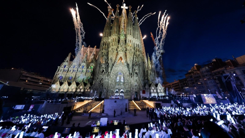Fireworks explode during the inauguration of the Tower of Jesus Christ at the Basilica of the Sagrada Familia during Pope Leo XIV’s apostolic journey in Barcelona, Spain, June 10, 2026. (OSV News photo/Nacho Doce, Reuters)