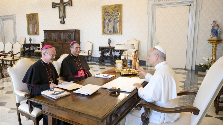 Pope Leo XIV meets with French Archbishop Thibault Verny of Chambéry, France, president of the Pontifical Commission for the Protection of Minors, left, and Colombian Bishop Luis Manuel Alí Herrera, commission secretary, right, in the library of the Apostolic Palace at the Vatican Sept. 12, 2025. In documents published June 13, 2026, Pope Leo XIV approved new statutes for the commission (PCPM) that seek to balance its integration with the Roman Curia while preserving its independence.(CNS photo/Vatican Medi