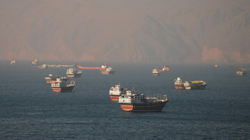Vessels at the Strait of Hormuz, as seen from Musandam, Oman, June 15, 2026. (OSV News photo/Reuters)