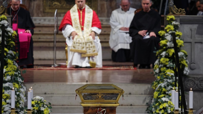 Pope Leo XIV, the first pope from the Augustinian order, sits in front of the relics of St. Augustine during a meeting with bishops, clergy and religious officials at the Basilica of San Pietro in Ciel d’Oro, which houses the remains of St. Augustine, in Pavia, Italy, June 20, 2026. (OSV News/Yara Nardi, Reuters)