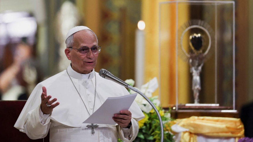 Pope Leo XIV takes part in Eucharistic adoration in Sant’Angelo Lodigiano, the birthplace of St. Frances Xavier Cabrini, whom the Vatican named patron saint of immigrants in 1950 for her ministry to immigrants in the United States, in Italy, June 20, 2026. (OSV News photo/Vincenzo Livieri, Reuters)