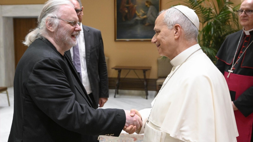 Pope Leo XIV greets Norwegian writer Jon Fosse at the Capitolare Hall of St. Peter's Basilica at the Vatican June 24, 2026, as the pontiff meets with writers from around the world to mark the 100th anniversary of the Holy See's publishing house, Libreria Editrice Vaticana. Fosse is a recipient of the 2023 Nobel Prize in Literature. (OSV News photo/Simone Risoluti, Vatican Media)