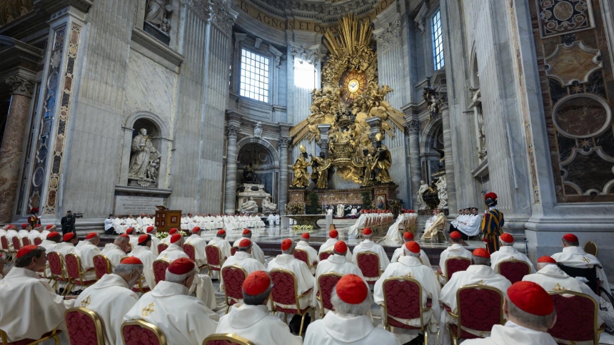Cardinals gather for a Mass in St. Peter's Basilica at the Vatican June 26, 2026, which opened an extraordinary consistory June 26-27. (OSV News photo/Simone Risoluti, Vatican Media)