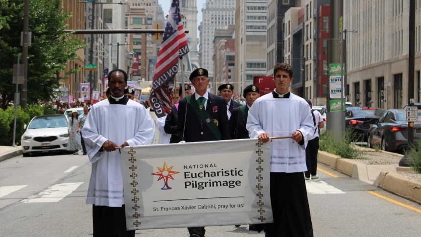 Seminarians from St. Charles Borromeo Seminary in Ambler, Pennsylvania, along with several Knights of Columbus led a July 5, 2026, Eucharistic procession through the streets of Philadelphia, marking the close of the 2026 National Eucharistic Pilgrimage. (OSV News photo/Gina Christian)
